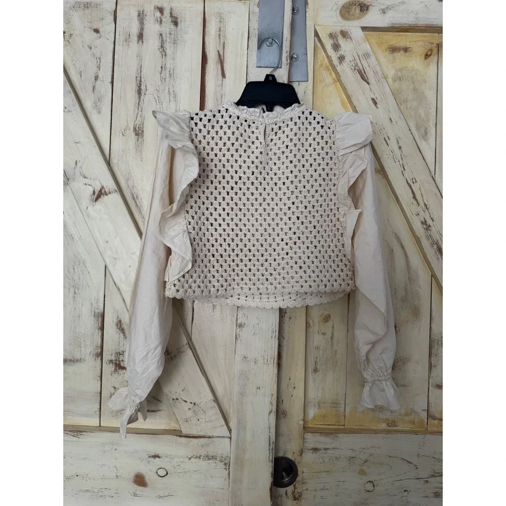 ZARA Crop Top Boho Prairie Crochet Ivory Cream Long‎ Sleeves Size Small
